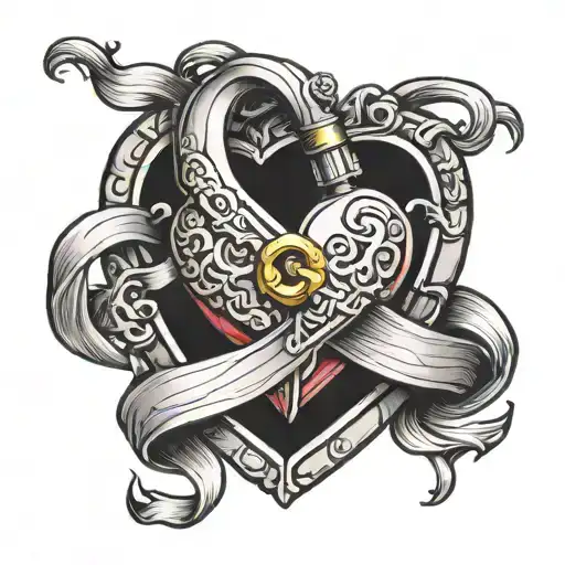 cancer ribbon and heart shaped lock tattoo design idea