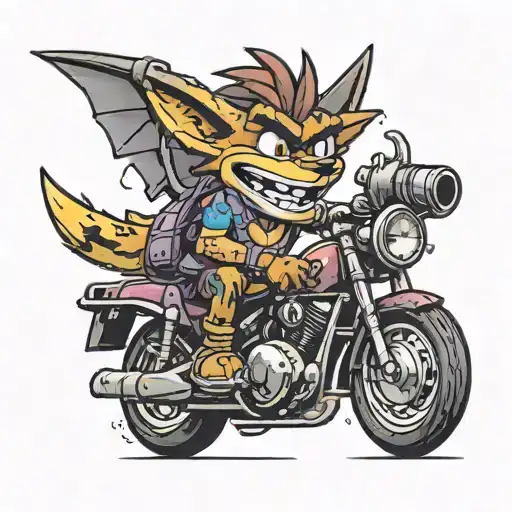 crash bandicoot riding Spyro holding a gun tattoo design idea