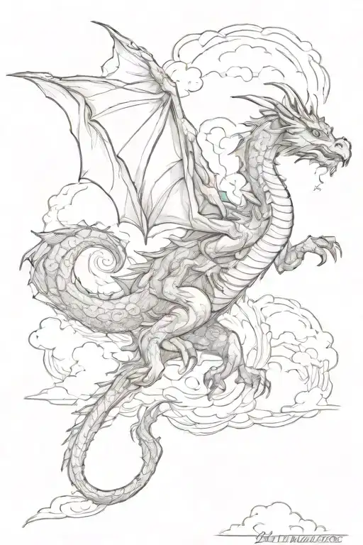  beautiful dragon flying through clouds surrounding tattoo design idea