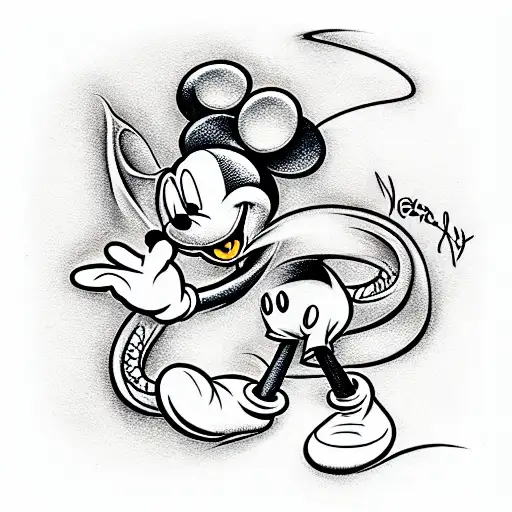 Mickey Mouse beats the dragon to death tattoo design idea