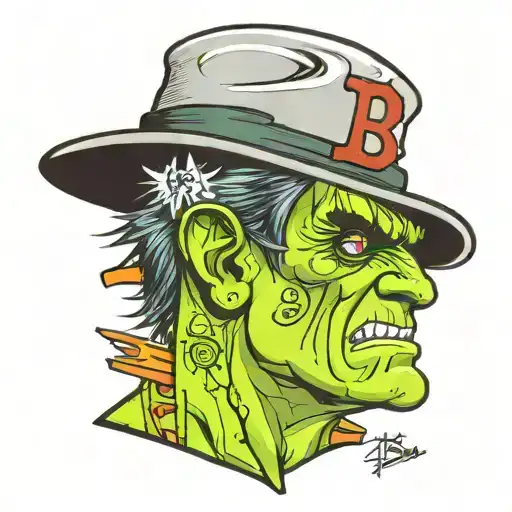 Design a very colorful tattoo using Frankenstein wearing a Boston Red Sox hat , with the number 13 in several spots , wi tattoo design idea