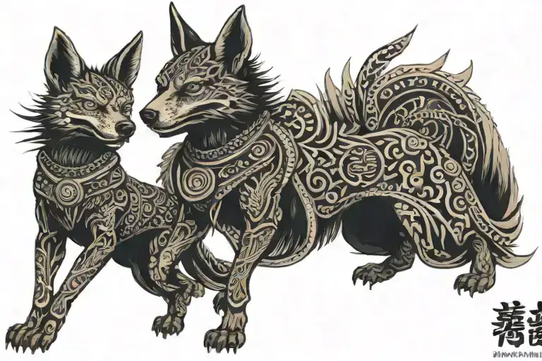 jackal full body with pharao mask split in half tattoo design idea