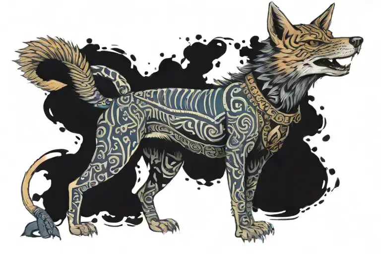one jackal full body with pharao mask split in half tattoo design idea