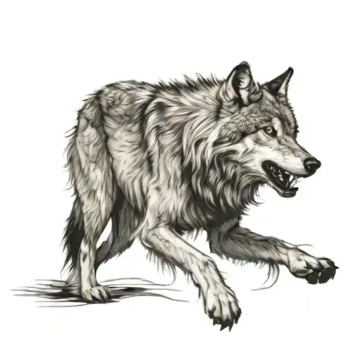 The wolf stands on its hind legs, with its mouth wide open, from which sharp teeth are visible. His eyes sparkle with joy, and because of tattoo design idea