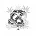 Snake with its tail in its mouth in circular ring with a marijuana joint in the ring to make alphabet Q shape tattoo design idea