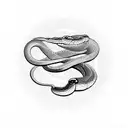 Snake with its tail in its mouth in circular ring with a marijuana joint in the ring to make alphabet Q shape tattoo design idea