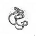 Snake with its tail in its mouth in circular ring with a marijuana joint in the ring to make alphabet Q shape tattoo design idea