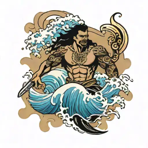 Pacific Islander warrior with waves crashing tattoo design idea