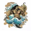 Pacific Islander warrior with waves crashing tattoo design idea
