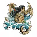 Pacific Islander warrior with waves crashing tattoo design idea