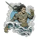 Pacific Islander warrior with waves crashing tattoo design idea