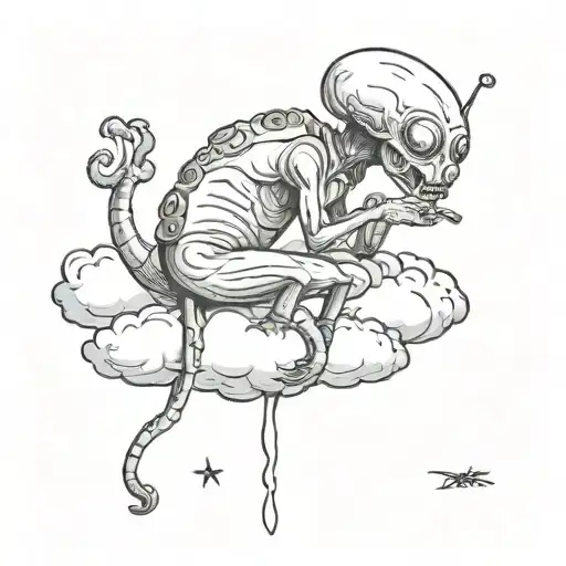 Alien sitting on the cloud and smoking  tattoo design idea