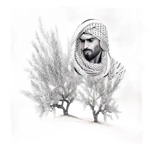 Keffiyeh and olive tree and the feeling of connection between a man and his land tattoo design idea