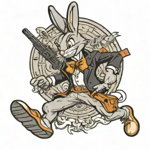 Black And Grey "Bugs Bunny Holding Pistol Like A Duelist" having rolex and money  Tattoo Design Idea tattoo design idea