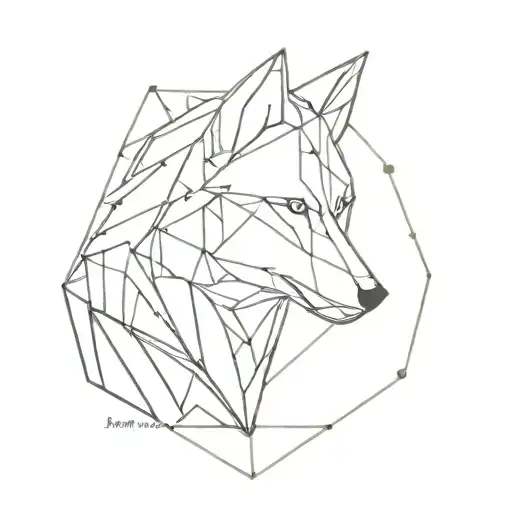 A minimalist geometric design of a wolf symbolizing strength and intelligence, incorporating elements of physics equations in the background tattoo design idea