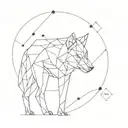 A minimalist geometric design of a wolf symbolizing strength and intelligence, incorporating elements of physics equations in the background tattoo design idea
