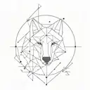 A minimalist geometric design of a wolf symbolizing strength and intelligence, incorporating elements of physics equations in the background tattoo design idea