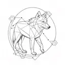 A minimalist geometric design of a wolf symbolizing strength and intelligence, incorporating elements of physics equations in the background tattoo design idea