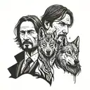 A stylized John Wick portrait with a wolf companion in a dotwork style tattoo design idea