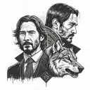 A stylized John Wick portrait with a wolf companion in a dotwork style tattoo design idea