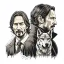 A stylized John Wick portrait with a wolf companion in a dotwork style tattoo design idea
