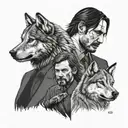 A stylized John Wick portrait with a wolf companion in a dotwork style tattoo design idea