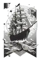 ship sailing in space to a distant island, geometric  tattoo design idea