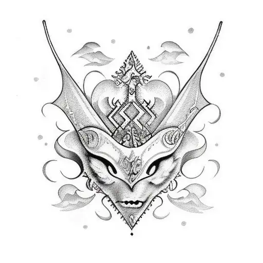 Traditional-style bat surrounded by intricate masquerade mask patterns tattoo design idea