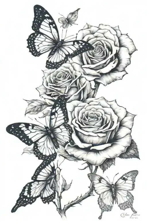two roses, one butterfly, connected with fumes tattoo design idea