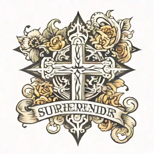 cross with the word surrender tattoo design idea
