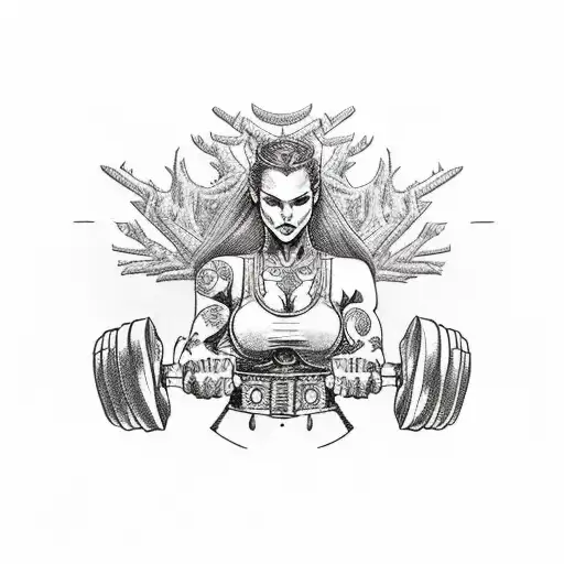 Dumbbell-wielding warrior princess riding a motorcycle through a mystical forest tattoo design idea