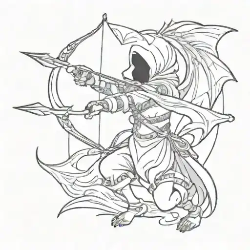 cute ghost archer shooting arrow in shape of a quill. aiming at a dragon  tattoo design idea