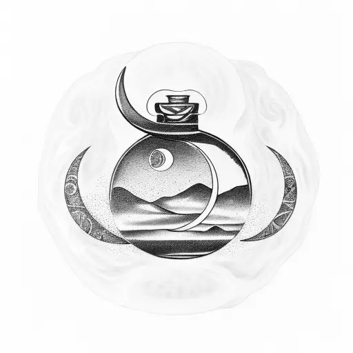 perfume bottle containing a crescent moon, full moon, and a melting sun tattoo design idea
