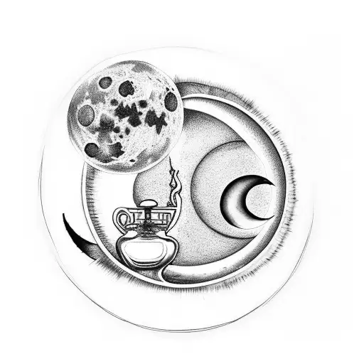 perfume bottle containing a crescent moon, full moon, and the sun tattoo design idea