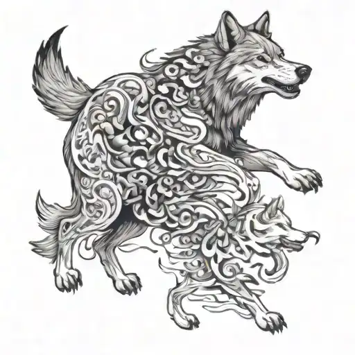 A wolf running with a pack of wild animals, symbolizing a connection to nature tattoo design idea