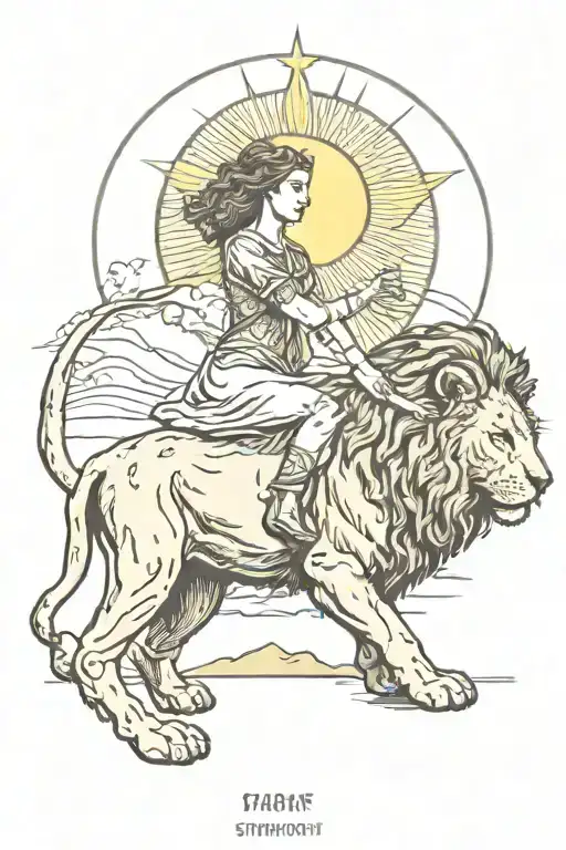 strength tarot card depicting a woman taming a lion with a sun in the background  tattoo design idea