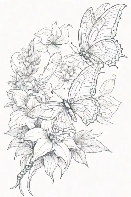 A floral design with lillies and butterfly bush flowers with a tiger swallowtail butterfly and a Luna moth  tattoo design idea
