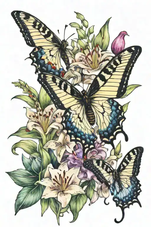 A floral design with lillies and butterfly bush flowers. I want tiger a swallowtail butterfly and a Luna moth in it tattoo design idea