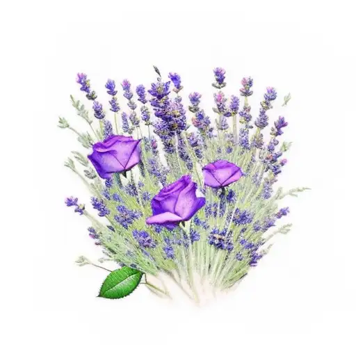 thigh tattoo of Roses with lavender in the background, with vines instead of leaves tattoo design idea