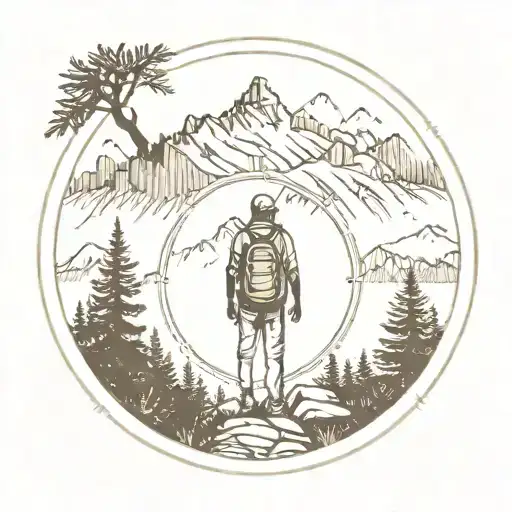 backpacker standing, mountain range, within a circle, pine trees and compass integrated in to circle tattoo design idea