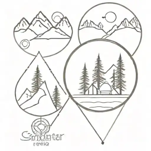 circle, mountains, pine trees, compass and backpacker tattoo design idea