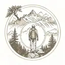 backpacker standing, mountain range, within a circle, pine trees and compass integrated in to circle tattoo design idea