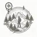 backpacker standing, mountain range, within a circle, pine trees and compass integrated in to circle tattoo design idea