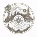 backpacker standing, mountain range, within a circle, pine trees and compass integrated in to circle tattoo design idea
