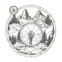 backpacker standing, mountain range, within a circle, pine trees and compass integrated in to circle tattoo design idea