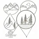 circle, mountains, pine trees, compass and backpacker tattoo design idea
