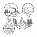 circle, mountains, pine trees, compass and backpacker tattoo design idea