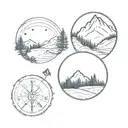 circle, mountains, pine trees, compass and backpacker tattoo design idea