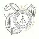 circle, mountains, pine trees, compass and backpacker tattoo design idea