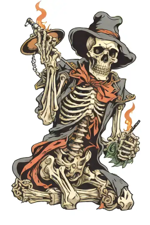 Skeleton smoking cigarette and holding ok sign tattoo design idea